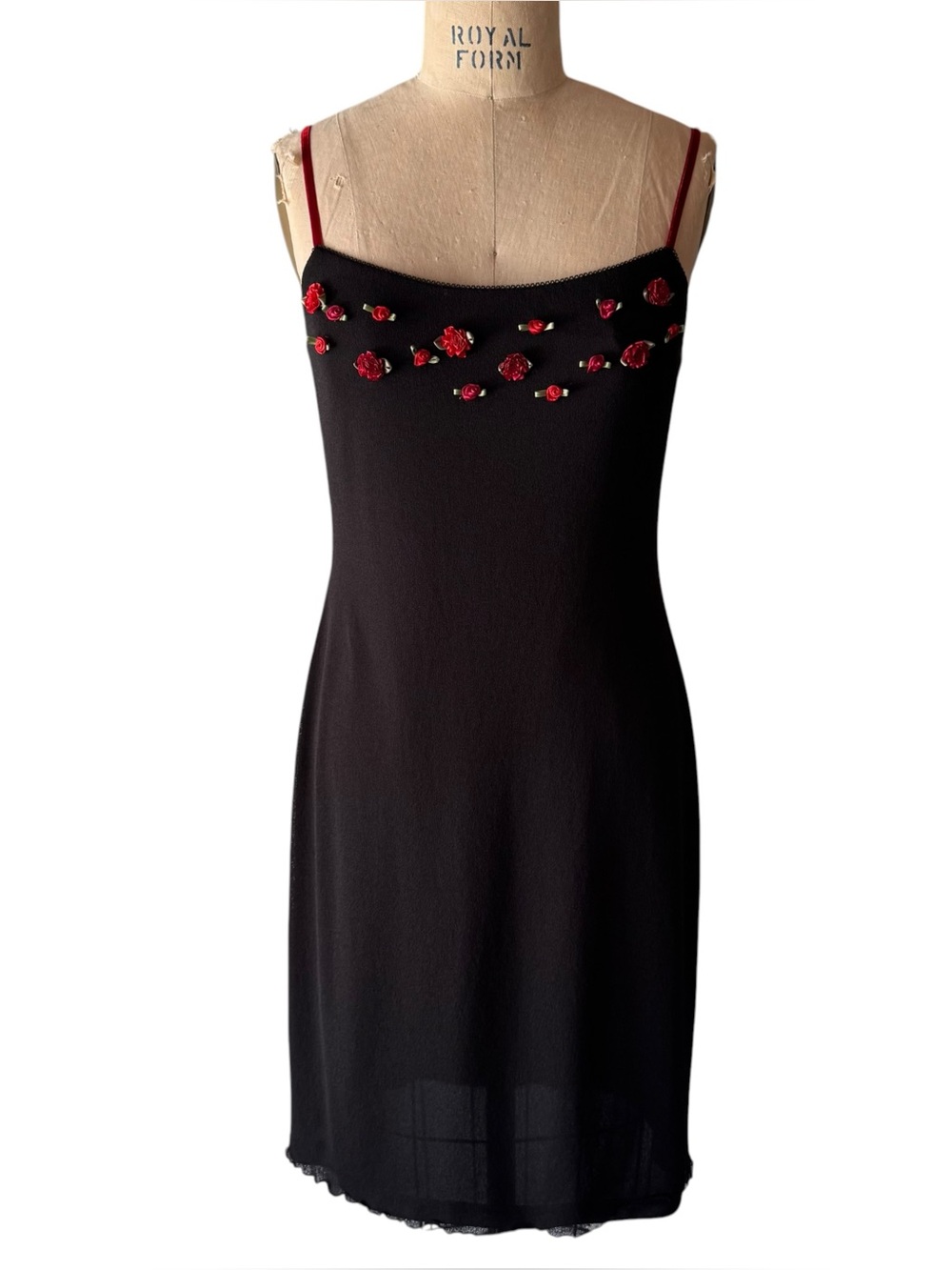 Vintage 90s A.B.S Studio Black Red Rose Appliqué Midi Dress